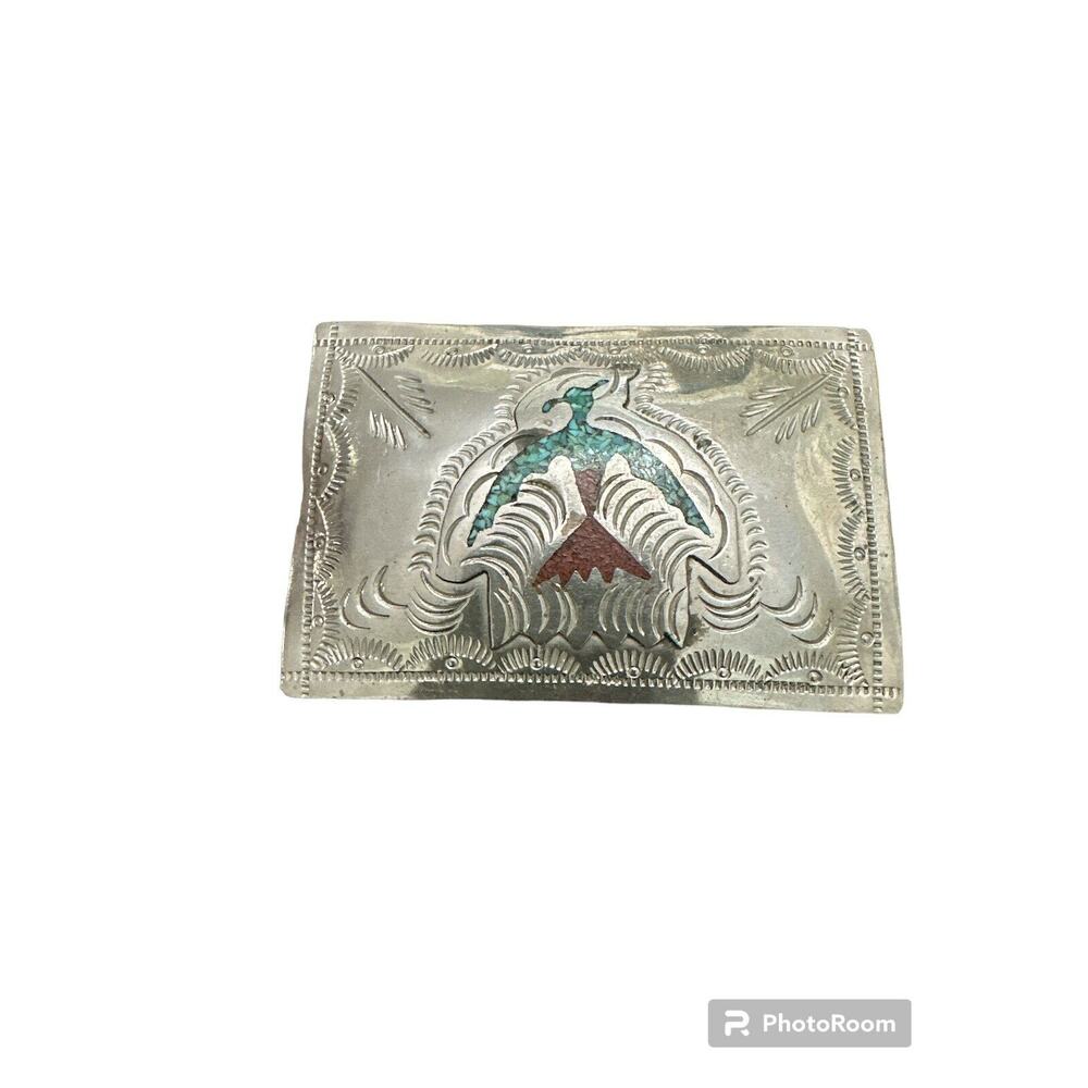 Vintage Hand Inlaid Hammered Southwestern Belt Buckle Navajo